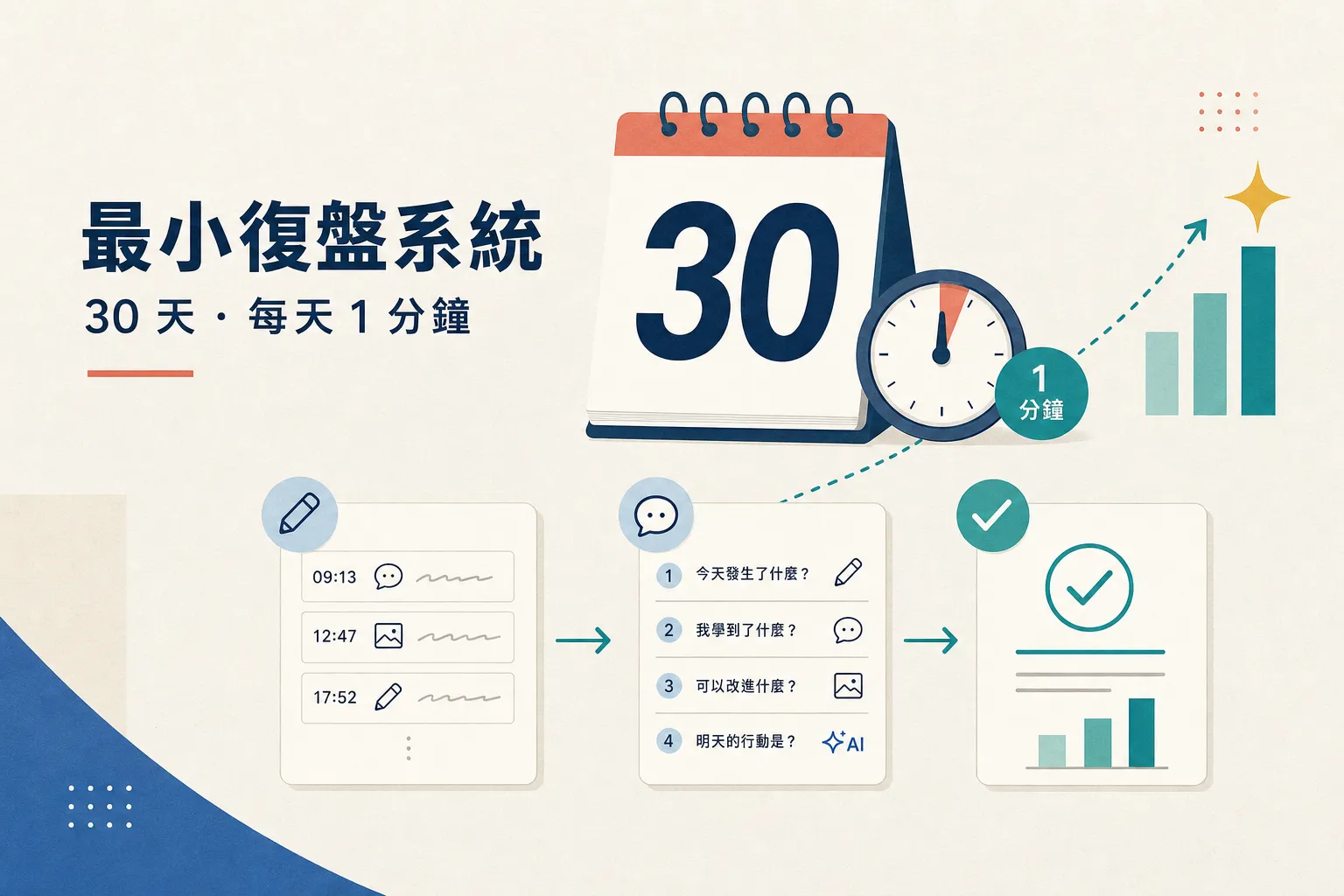 5 分鐘最小復盤系統：間歇式日記＋四種經驗萃取法的四層架構圖