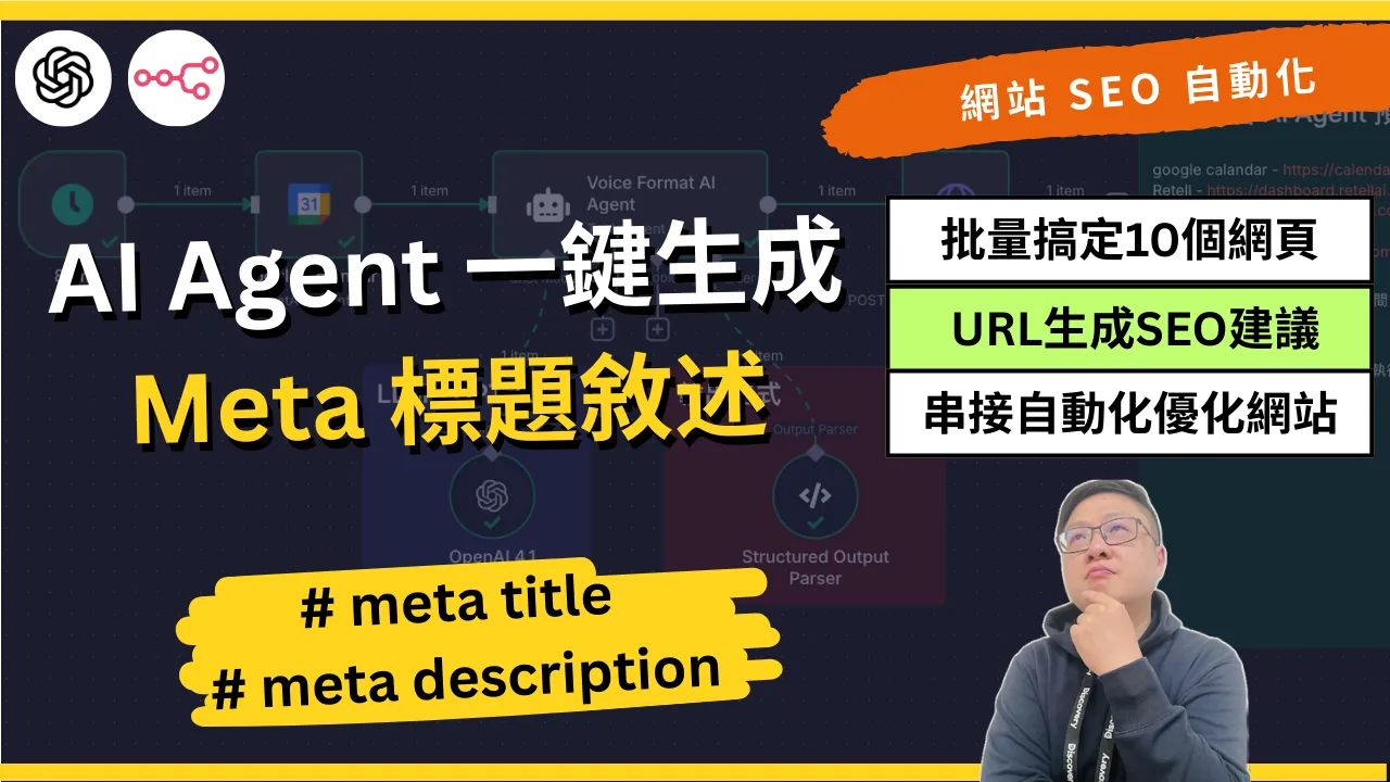 n8n SEO AI Agent 自動生成 Meta Title 和 Description 工作流示意圖